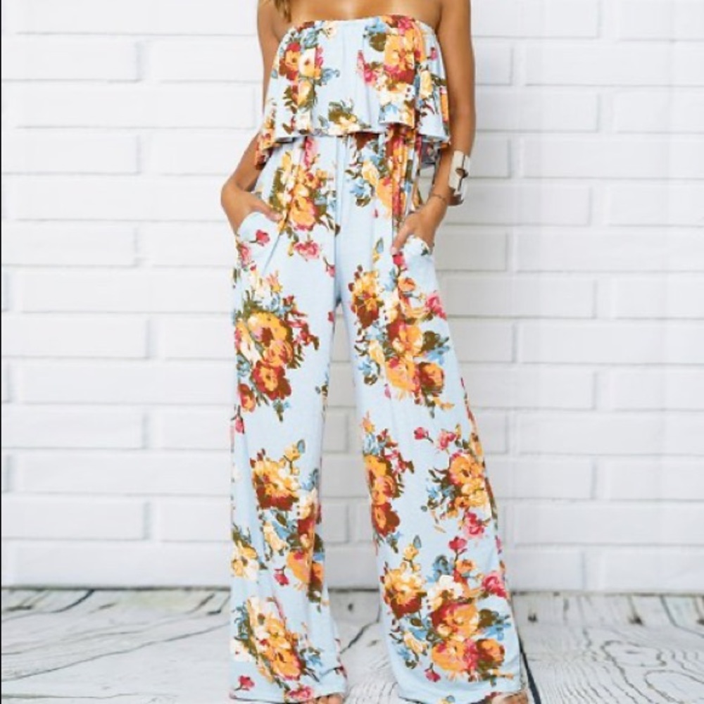 Blue floral ruffle top jumpsuit